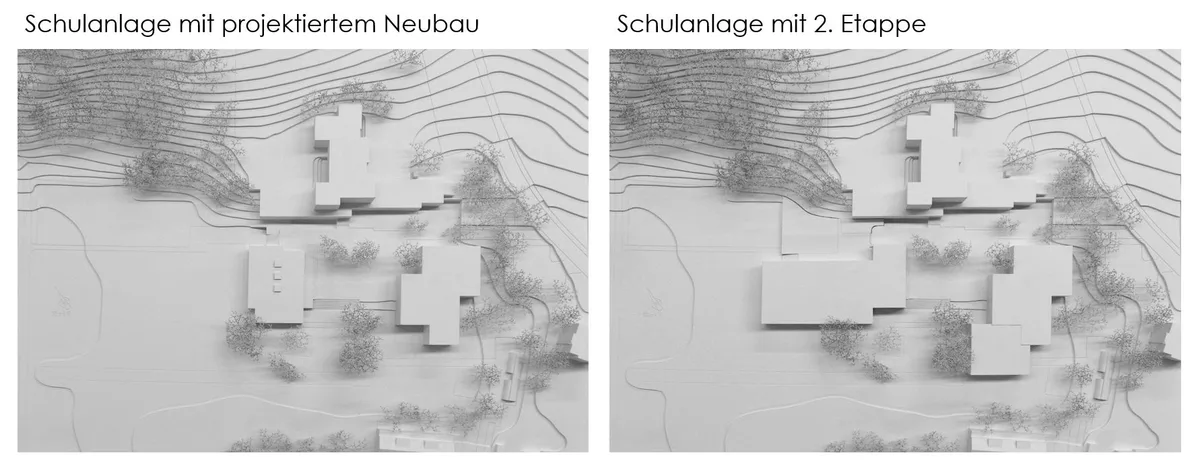 Die zwei Erweiterungsetappen für das Schulhaus Pfaffberg. 